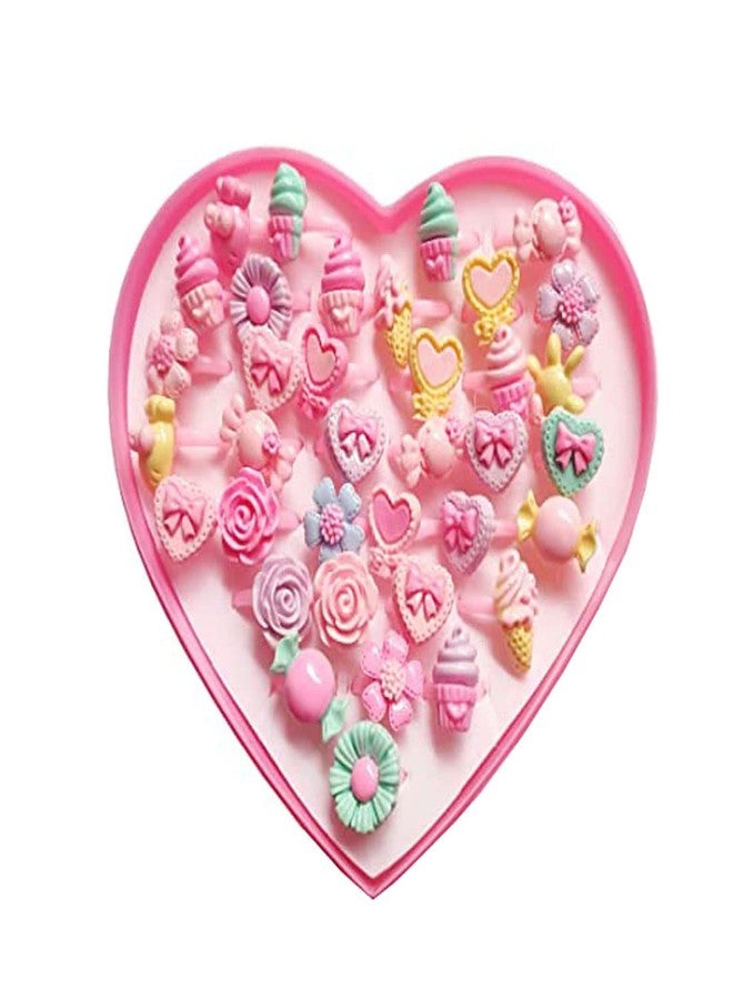 DENICRAAS Cute Adjustable Cartoon Rings Set of 36, Finger Rings for Girls Kids Pink Heart Shape Jewelry kit for Kids (Multi Designs) Suitable for age 2-10 yrs - Image 1