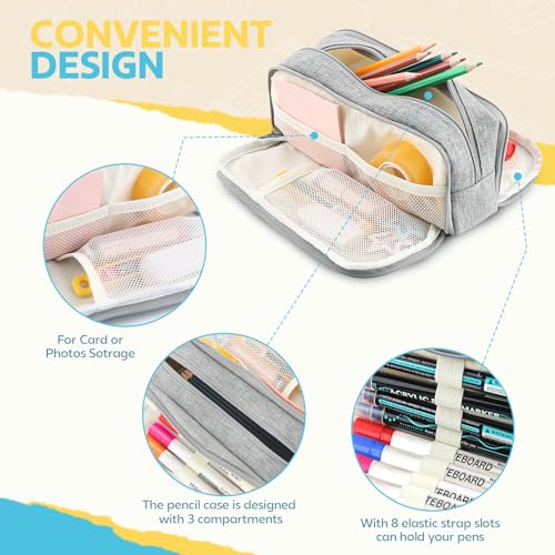 Daisiki Large Capacity Pencil Case Pencil Pouch Pen Bag with 3 Compartment Stationery Organizer with Zipper, School Supplies Organizer for Teen Adults (Grey) - Image 4