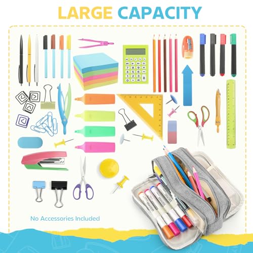 Daisiki Large Capacity Pencil Case Pencil Pouch Pen Bag with 3 Compartment Stationery Organizer with Zipper, School Supplies Organizer for Teen Adults (Grey) - Image 5