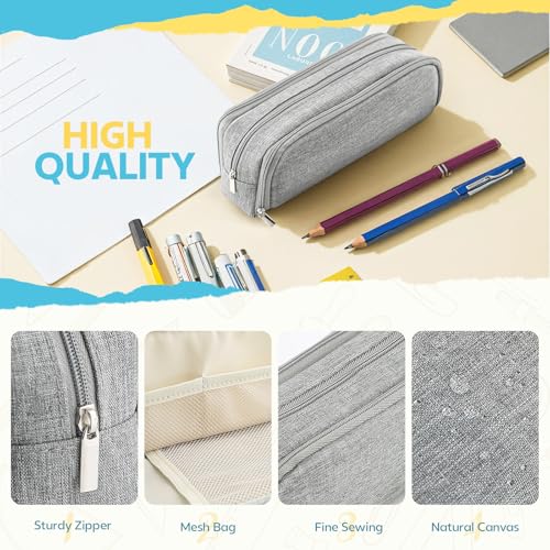 Daisiki Large Capacity Pencil Case Pencil Pouch Pen Bag with 3 Compartment Stationery Organizer with Zipper, School Supplies Organizer for Teen Adults (Grey) - Image 3