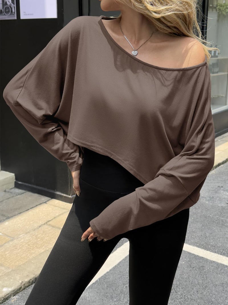 Fisoew Womens Off The Shoulder Cropped Tops Batwing Long Sleeve Loose Fit Summer Boat Neck Workout T Shirts Brown - Image 2