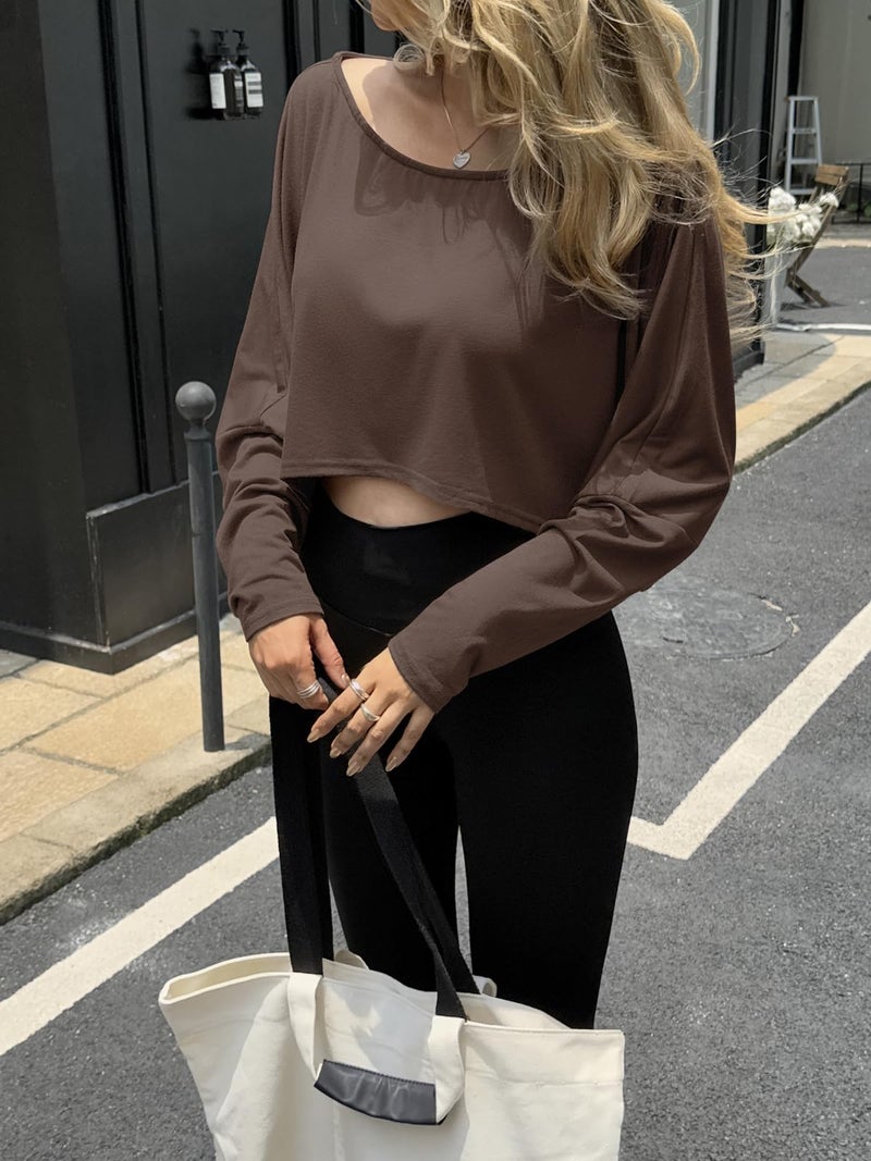 Fisoew Womens Off The Shoulder Cropped Tops Batwing Long Sleeve Loose Fit Summer Boat Neck Workout T Shirts Brown - Image 4