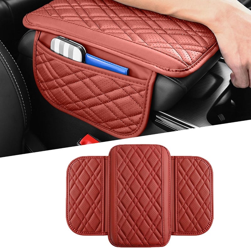 Couslcd Car Center Console Cover, Leather Vehicle Arm Rest Cushion with 2 Storage Bags, Automotive Armrest Interior Seat Box Pad Accessories, Universal for SUV, Sedan, Truck (Red) - Image 1