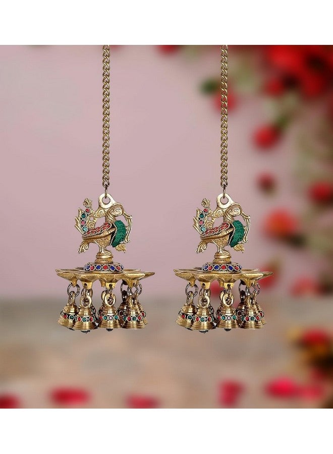 Dattatreya Brass Hanging Peacock Diya with Bells Deepak deepam Oil Diya for Diwali Pooja (Pair) - Image 1