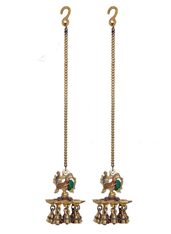 Dattatreya Brass Hanging Peacock Diya with Bells Deepak deepam Oil Diya for Diwali Pooja (Pair) - Image 2