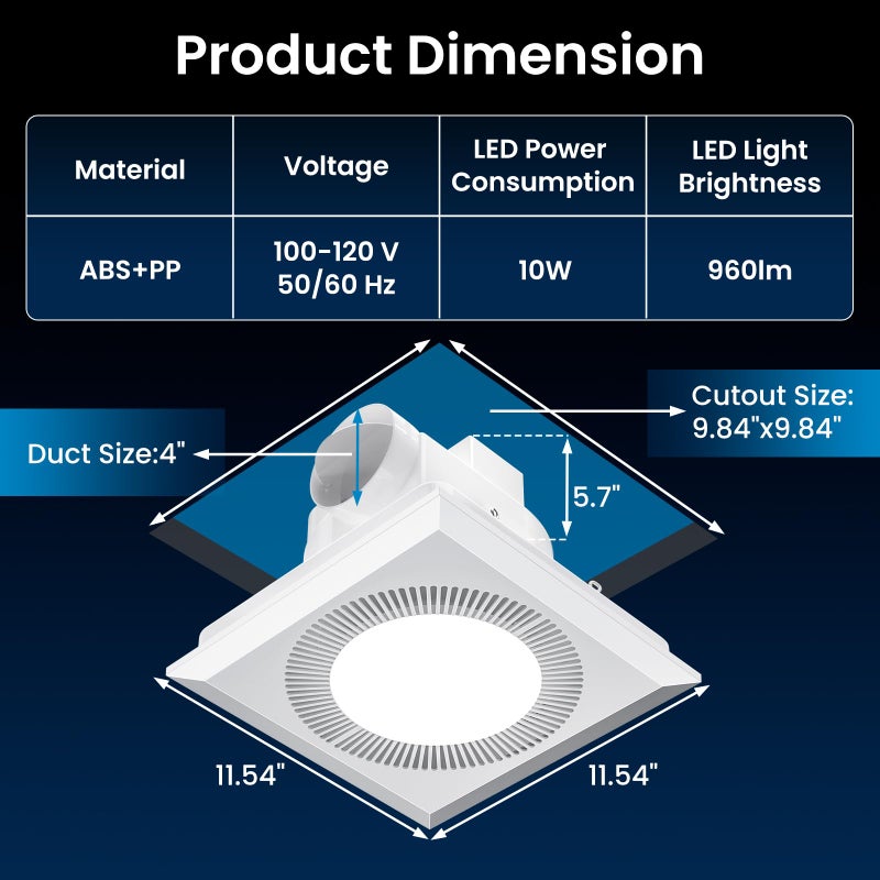 Hon&Guan Bathroom Exhaust Fan with Light, Upgraded Quiet Square Bathroom Vent Fan with Adjustable LED Light 3000K/4500K/6500K, 110 CFM, 1.0 Sones, Exhaust Fan with Light for Home Bath Hotel - Image 2