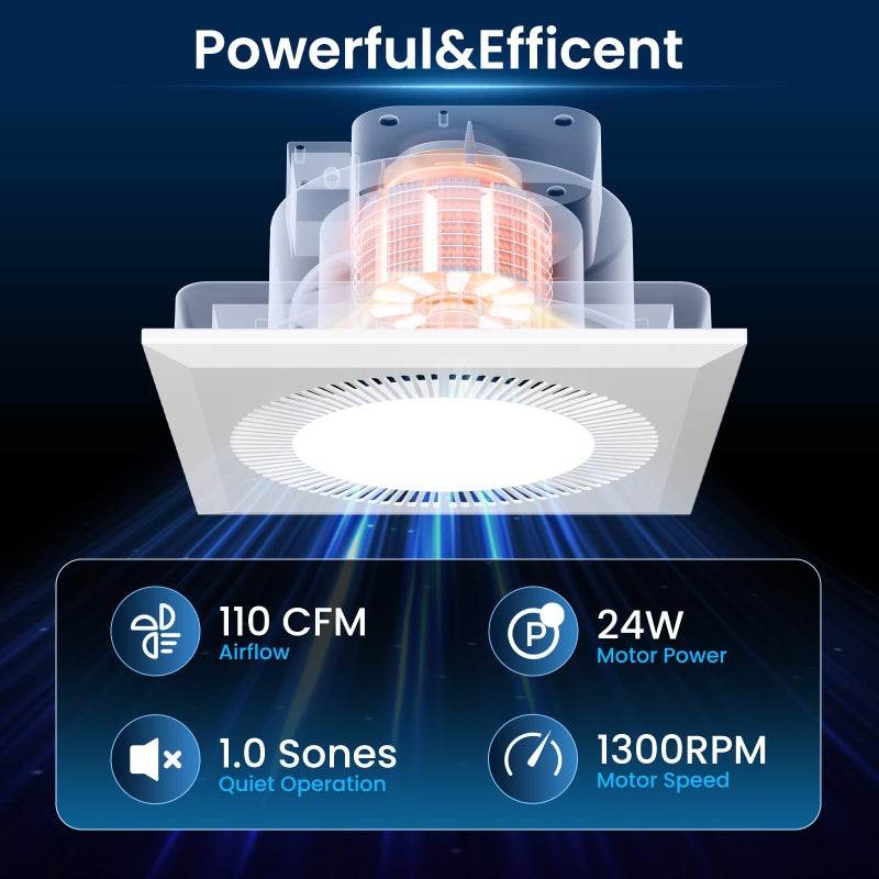 Hon&Guan Bathroom Exhaust Fan with Light, Upgraded Quiet Square Bathroom Vent Fan with Adjustable LED Light 3000K/4500K/6500K, 110 CFM, 1.0 Sones, Exhaust Fan with Light for Home Bath Hotel - Image 5