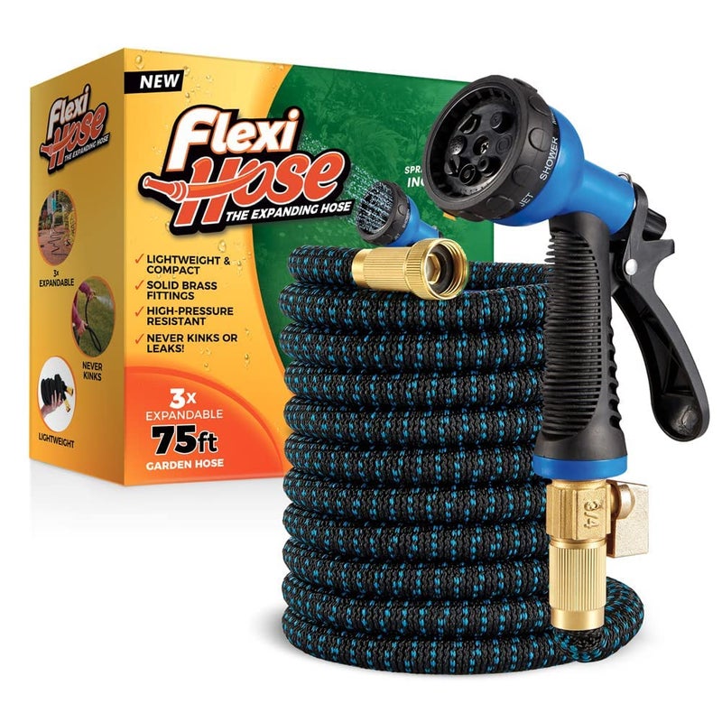 Flexi Hose Expandable Garden Hose with 8 Function Nozzle, 75FT - Lightweight Retractable Garden Hose, Water Hose - No-Kink Flexibility, 3/4 Inch Solid Brass Fittings and Double Latex Core - Image 1