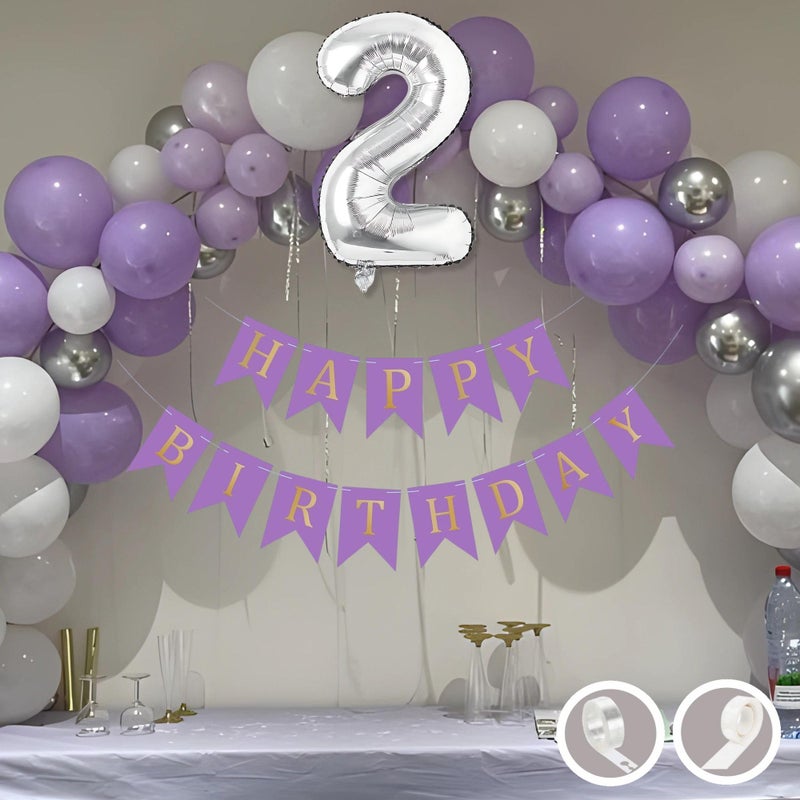Flyloons 2nd Birthday Decoration Items Purple and White Theme Combination for Boys Girls Kids | 30 Pcs Purple White Silver Color Balloons | Purple Happy Birthday Banner | Arch Tape | Glue Dots - Image 4