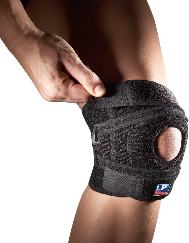 LP Extreme Open Knee Support with Posterior Strap Fully Adjustable Coolprene Knee Brace Arthritis Pain Relief Knee Compression Support Patella Knee Support Black One Size