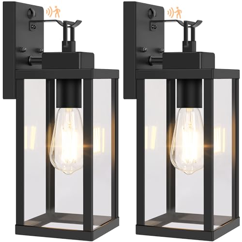 BesLowe 14” Upgraded Motion Sensor Outdoor Wall Lights, Dusk to Dawn Porch Lights Outdoor Wall Sconces, 3 Lighting Modes Exterior Lighting Fixtures with Hooks, Black Outside Lights for House, 2-Pack - Image 1