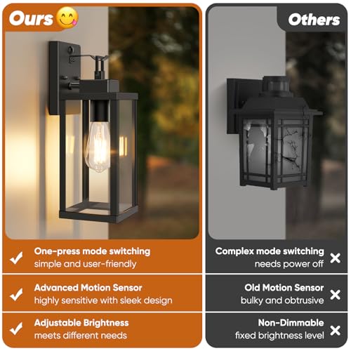 BesLowe 14” Upgraded Motion Sensor Outdoor Wall Lights, Dusk to Dawn Porch Lights Outdoor Wall Sconces, 3 Lighting Modes Exterior Lighting Fixtures with Hooks, Black Outside Lights for House, 2-Pack - Image 2