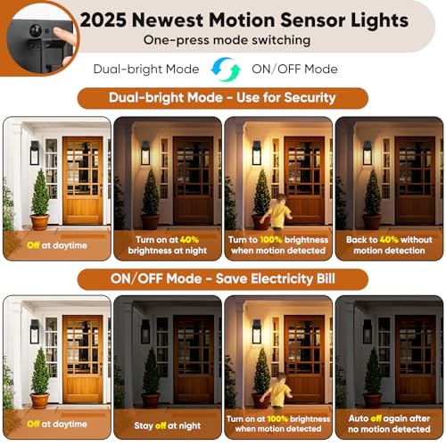 BesLowe 14” Upgraded Motion Sensor Outdoor Wall Lights, Dusk to Dawn Porch Lights Outdoor Wall Sconces, 3 Lighting Modes Exterior Lighting Fixtures with Hooks, Black Outside Lights for House, 2-Pack - Image 3
