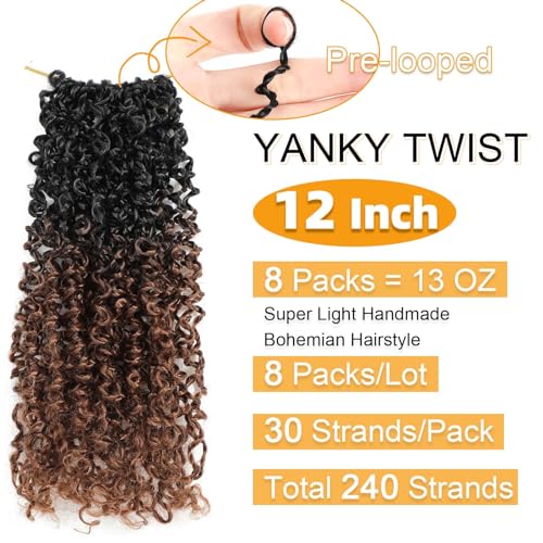 Aksice 12 Inch Yanky Twist Crochet Hair Pre-looped 8 Packs Ombre Brown Spring Twists Hair Senegalese Twist Crochet Hair with Curly Ends Synthetic Crochet Braids (1B/30#) - Image 2