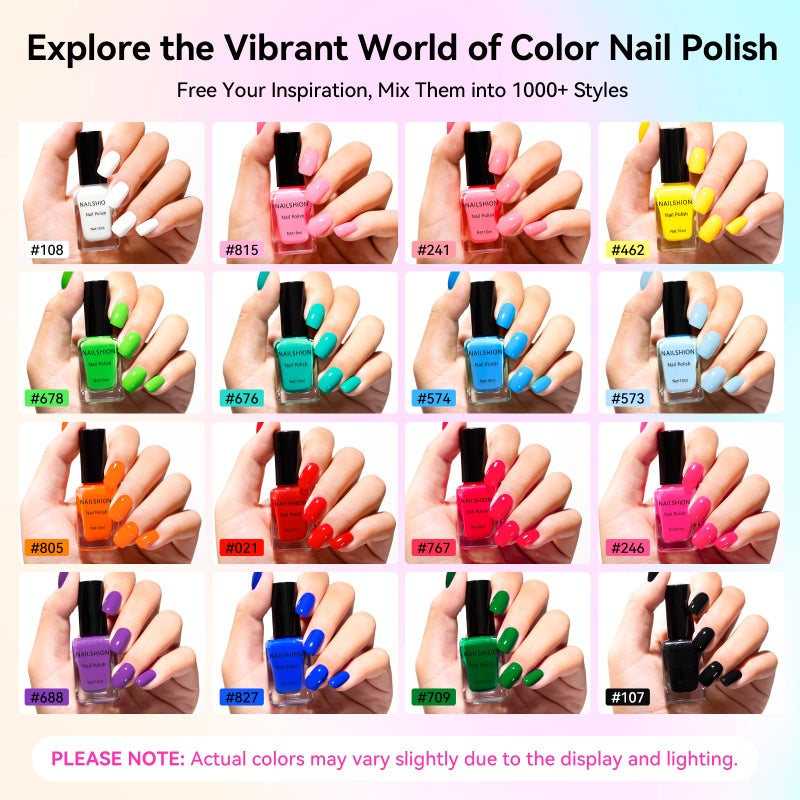 Nailshion Nail Polish 10ml 16 Colors Rainbow Air Dry Regular Nail Polish Set with Base Top Coat & Remover Pads| White Red Classic French Fingernail Polishes Non-gel Bulk Gift for Nail Art Lovers - Image 2