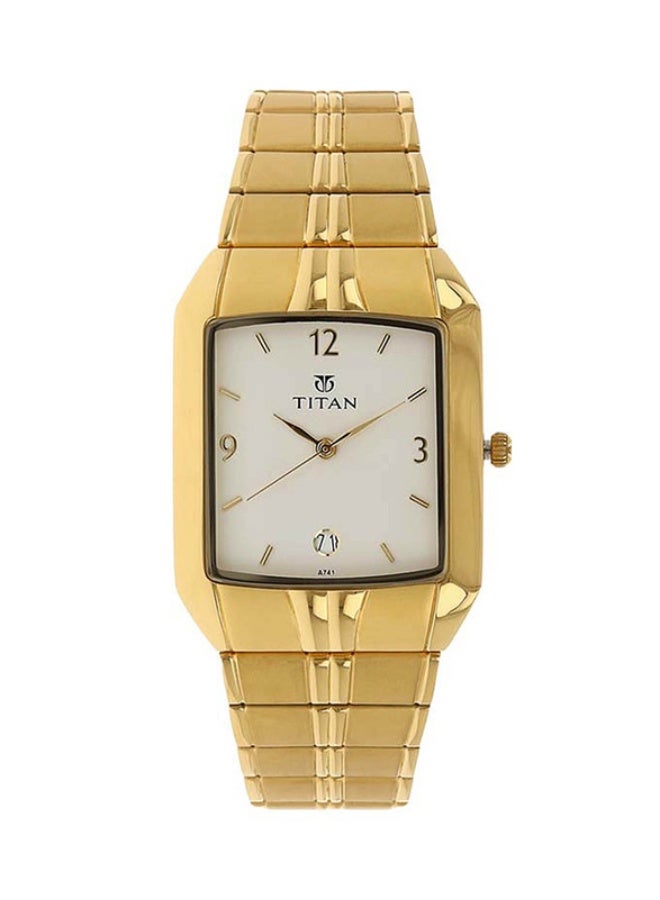 TITAN ساعة تيتان كاريشما التناظرية ذات القرص الأبيض المربع بحزام معدني ذهبي للرجال-9264YM01 - Image 1