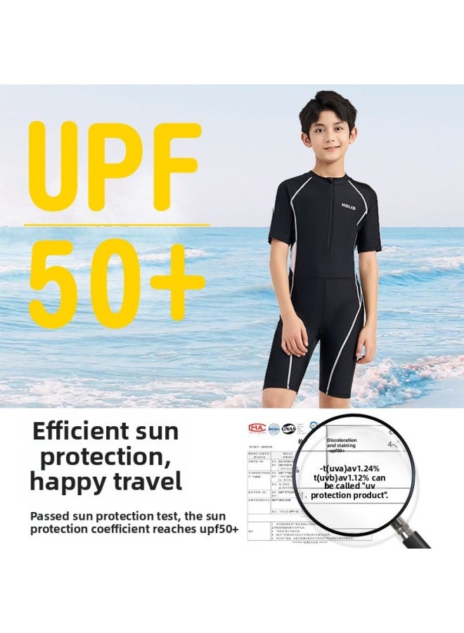 Loquat Children's Swimsuit Boys' One-piece Hot Spring Swimming Trunks Boys' Professional Swimming Training Swimsuit Middle And Big Children Custom-Color:735 Boys + PU Hat- - Image 3