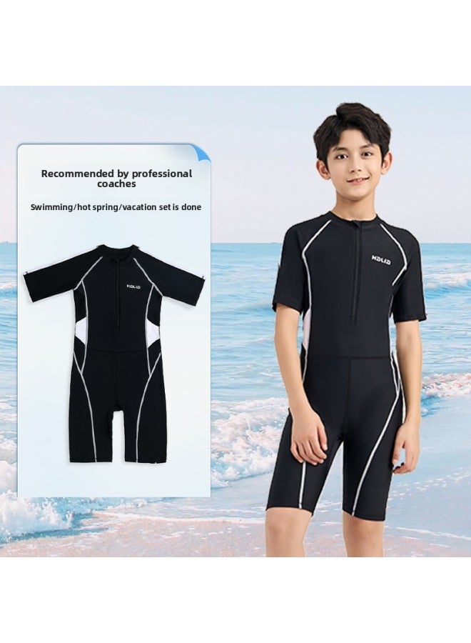 Loquat Children's Swimsuit Boys' One-piece Hot Spring Swimming Trunks Boys' Professional Swimming Training Swimsuit Middle And Big Children Custom-Color:735 Boys + PU Hat- - Image 2