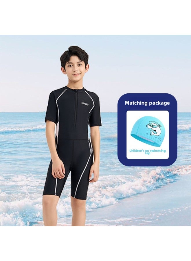 Loquat Children's Swimsuit Boys' One-piece Hot Spring Swimming Trunks Boys' Professional Swimming Training Swimsuit Middle And Big Children Custom-Color:735 Boys + PU Hat- - Image 1