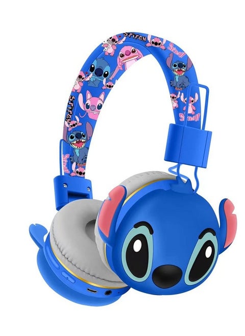 Upgraded blue Stitch pattern Bluetooth wireless headset for children, noise-cancelling wireless headset for children, suitable for TF card, mobile phone, tablet computer