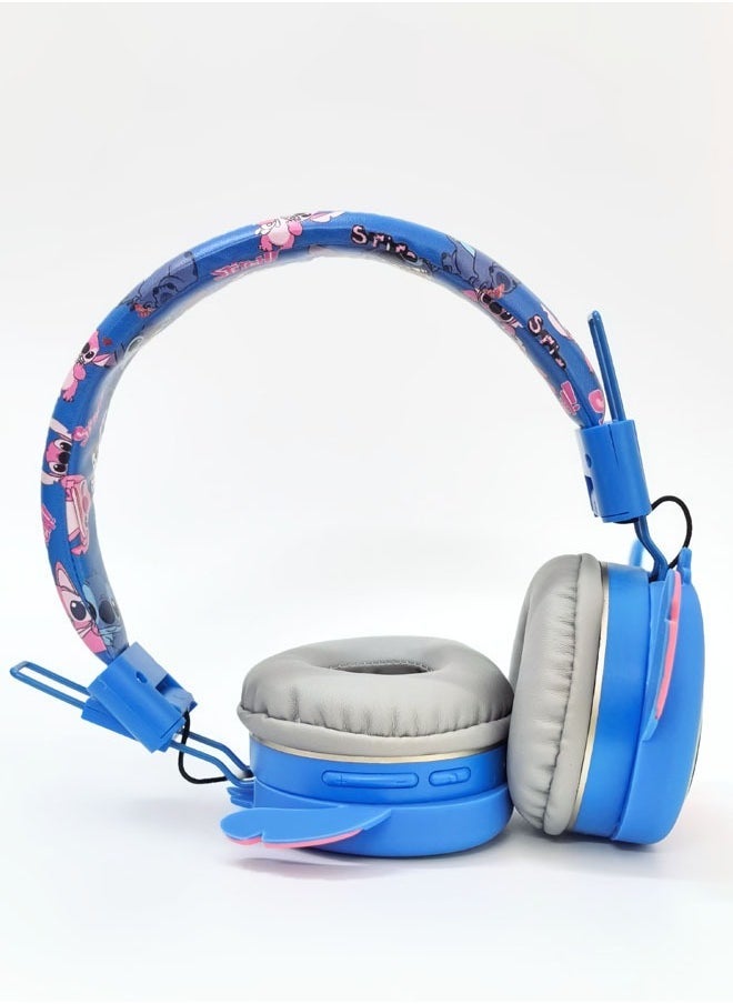 Upgraded blue Stitch pattern Bluetooth wireless headset for children, noise-cancelling wireless headset for children, suitable for TF card, mobile phone, tablet computer