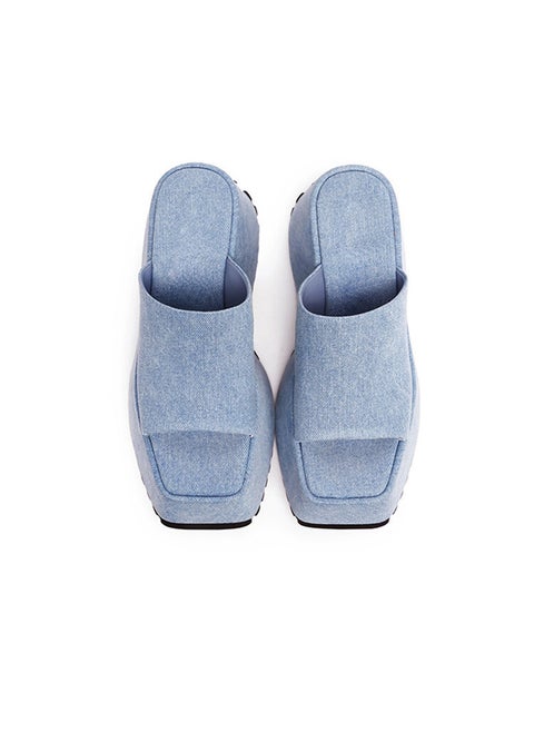 2023 New Womens Slippers Thick Bottom Square Head Hollow Out Solid Color Plus Size Shoes European and American Style Flip Flops sky blue