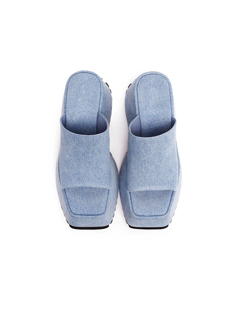 2023 New Womens Slippers Thick Bottom Square Head Hollow Out Solid Color Plus Size Shoes European and American Style Flip Flops sky blue