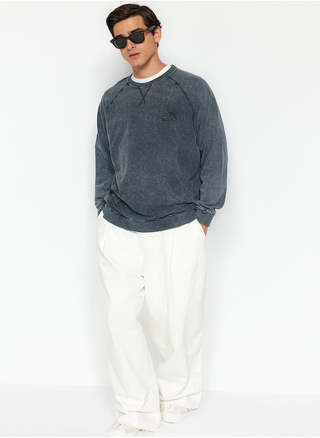 trendyol Anthracite Oversize/Wide Fit Tropical Printed 100% Cotton Sweatshirt TMNAW24SW00060  - Image 1