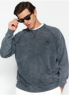trendyol Anthracite Oversize/Wide Fit Tropical Printed 100% Cotton Sweatshirt TMNAW24SW00060  - Image 2
