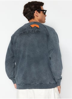 trendyol Anthracite Oversize/Wide Fit Tropical Printed 100% Cotton Sweatshirt TMNAW24SW00060  - Image 3