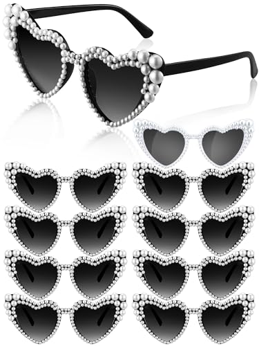 Saysurey 10 Pcs Bachelorette Party Sunglasses Pearl Heart Shaped Sunglasses Bridesmaid Gifts for Women Bride Wedding PartyWhite Black - Image 1