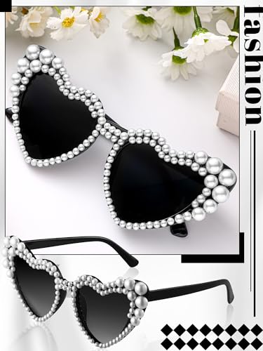Saysurey 10 Pcs Bachelorette Party Sunglasses Pearl Heart Shaped Sunglasses Bridesmaid Gifts for Women Bride Wedding PartyWhite Black - Image 3
