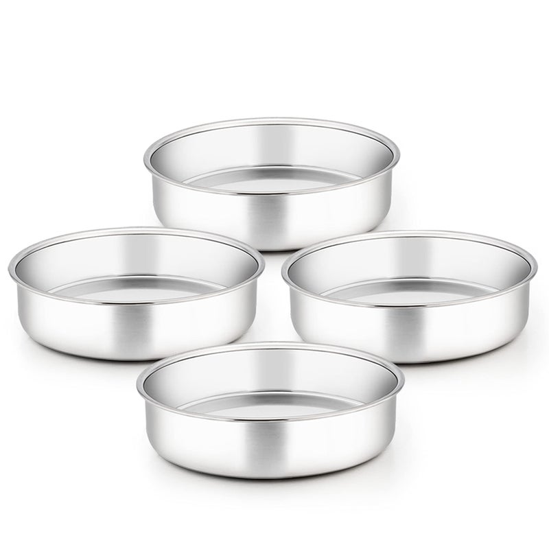 TeamFar 8 Inch Cake Pan 4 Pieces Stainless Steel Round Tier Baking Cake Pans Set for Baking Steaming Fit in Oven Pressure Cooker Pot Healthy Sturdy Mirror Finish Dishwasher Safe