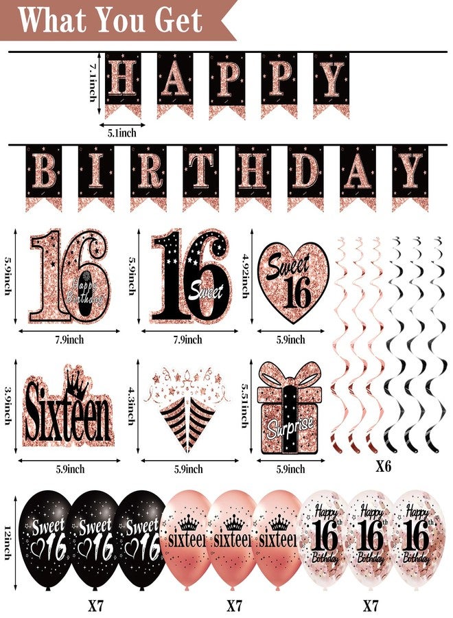 Uiorgui 16th Birthday Decorations for Girls, 33pcs Sweet 16 Crown and Sash, Black Rose Gold Happy 16th Birthday Banner Balloons Backdrop Hanging Swirls Paper Fans, Sixteen Party Decorations Kit - Image 2