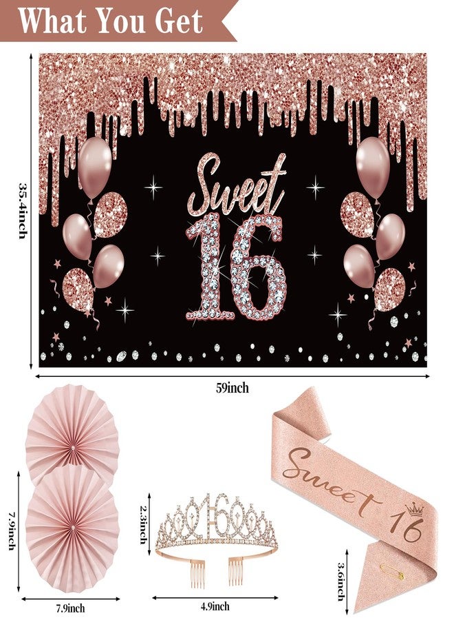 Uiorgui 16th Birthday Decorations for Girls, 33pcs Sweet 16 Crown and Sash, Black Rose Gold Happy 16th Birthday Banner Balloons Backdrop Hanging Swirls Paper Fans, Sixteen Party Decorations Kit - Image 3