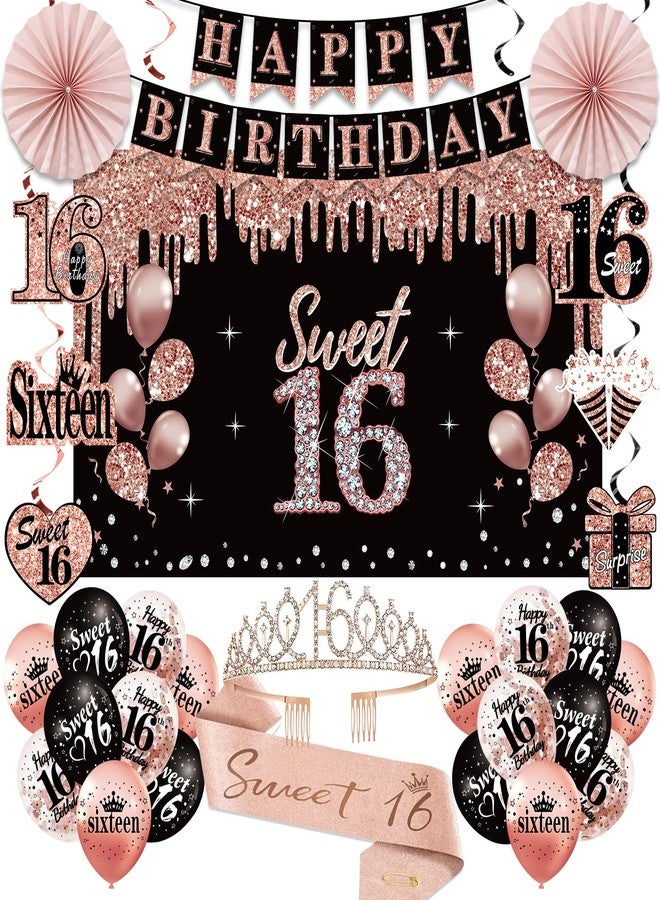 Uiorgui 16th Birthday Decorations for Girls, 33pcs Sweet 16 Crown and Sash, Black Rose Gold Happy 16th Birthday Banner Balloons Backdrop Hanging Swirls Paper Fans, Sixteen Party Decorations Kit - Image 1