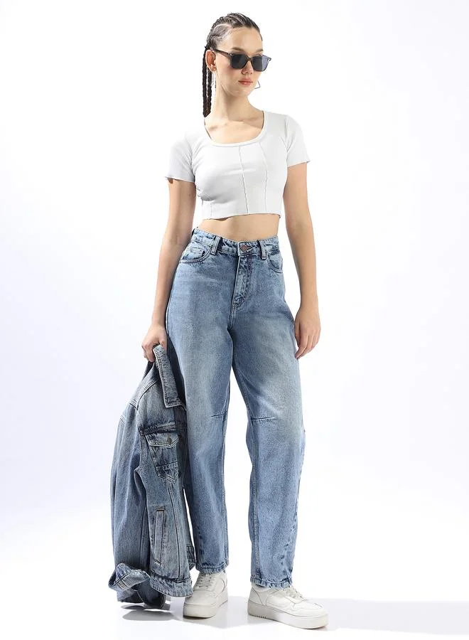 Women Balloon Fit High-Rise Light Fade Distressed Cotton Jeans