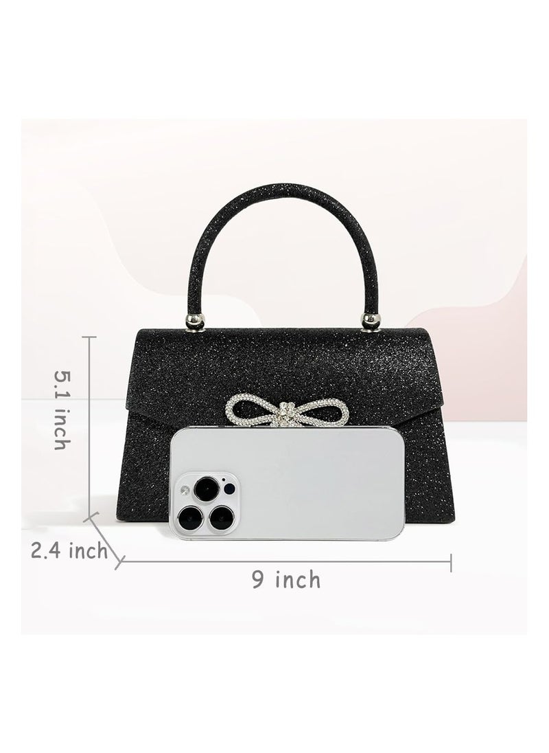 SYOSI - Womens Evening Bag Sparkly Bow Clutch Purse Wedding Party Purses Glitter Rhinestone Prom Handbags Sparkling Powder Banquet Chain Crossbody Black - Image 1