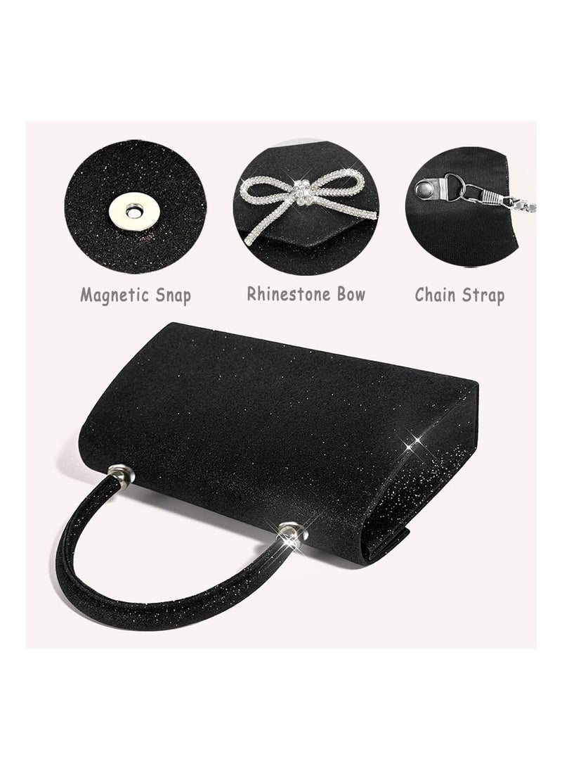 SYOSI - Womens Evening Bag Sparkly Bow Clutch Purse Wedding Party Purses Glitter Rhinestone Prom Handbags Sparkling Powder Banquet Chain Crossbody Black - Image 1