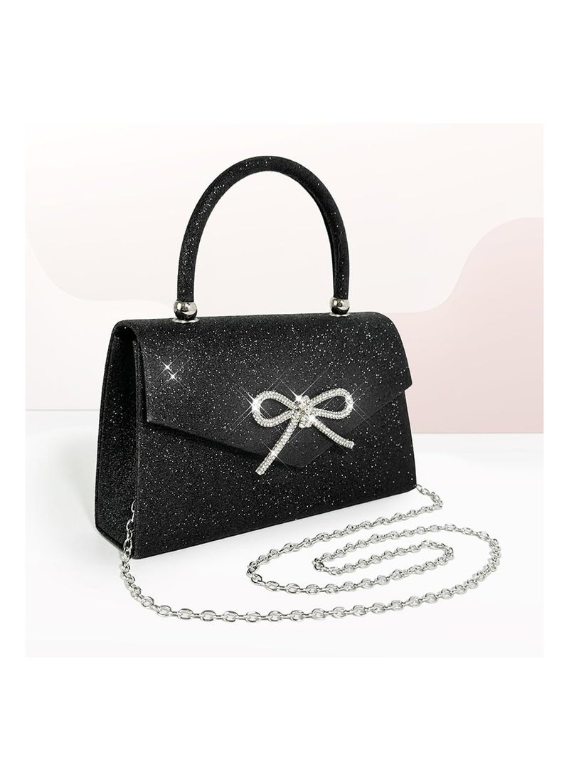 SYOSI - Womens Evening Bag Sparkly Bow Clutch Purse Wedding Party Purses Glitter Rhinestone Prom Handbags Sparkling Powder Banquet Chain Crossbody Black - Image 1