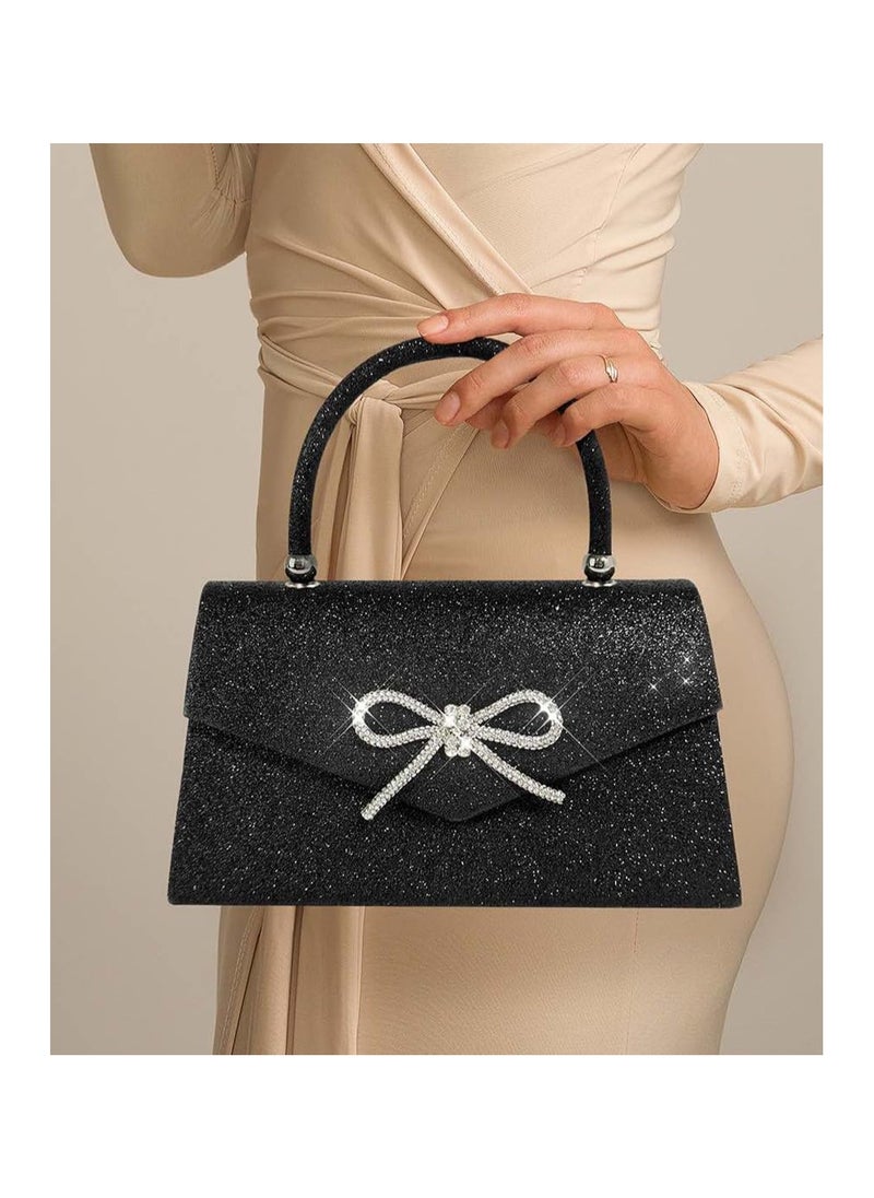 SYOSI - Womens Evening Bag Sparkly Bow Clutch Purse Wedding Party Purses Glitter Rhinestone Prom Handbags Sparkling Powder Banquet Chain Crossbody Black - Image 1