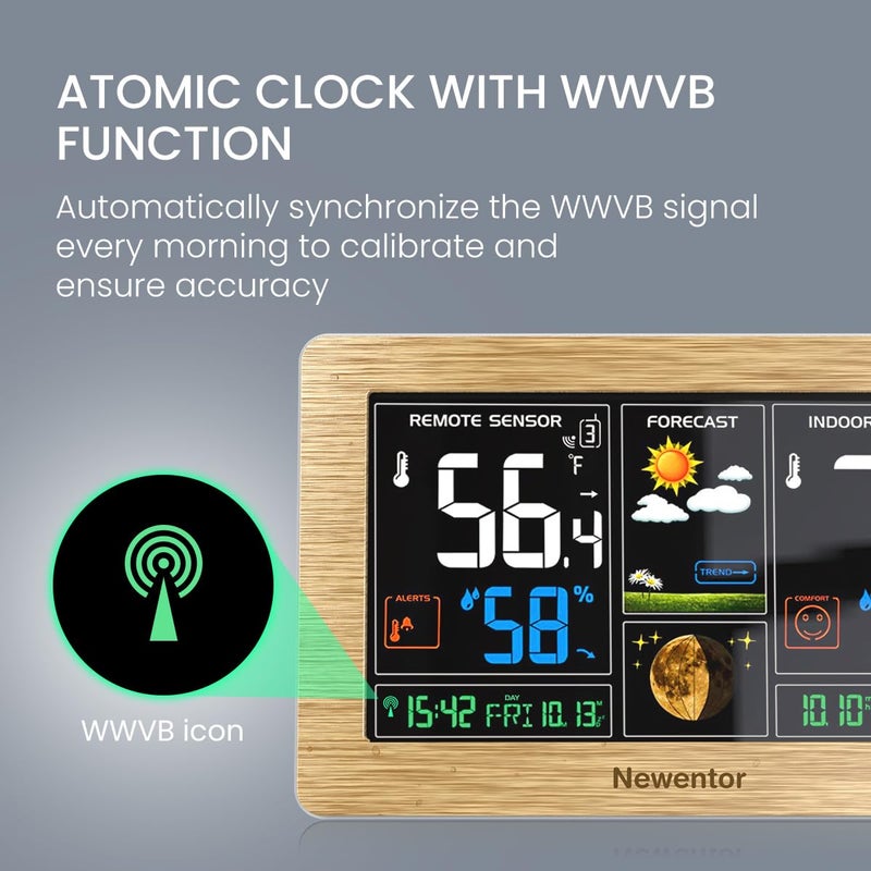 Newentor Weather Station Wireless Indoor Outdoor Thermometer, Color Display Digital Weather Thermometer with Atomic Clock, Barometric Pressure, Forecast Station with Adjustable Backlight, Wood - Image 2