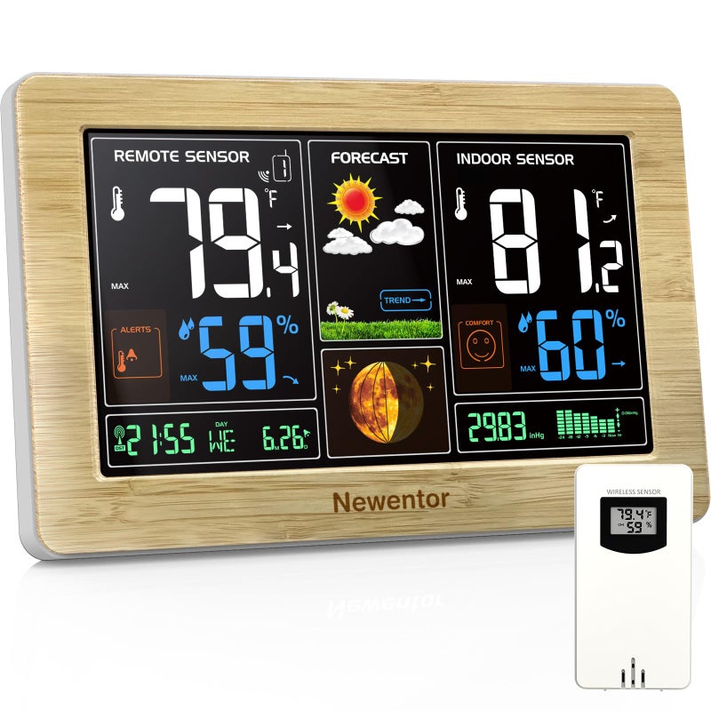 Newentor Weather Station Wireless Indoor Outdoor Thermometer, Color Display Digital Weather Thermometer with Atomic Clock, Barometric Pressure, Forecast Station with Adjustable Backlight, Wood - Image 1