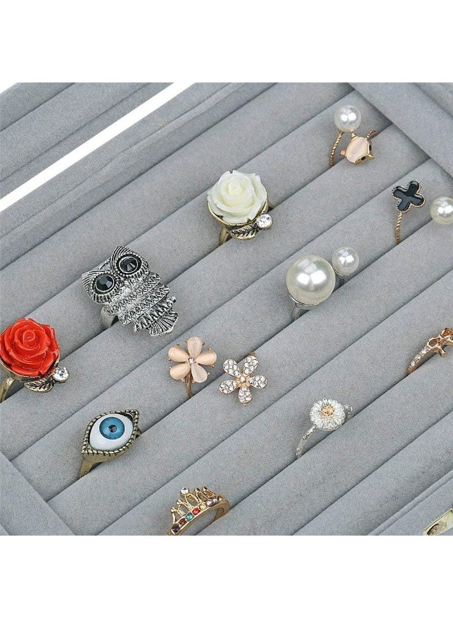 Decorhills Velvet Jewelry Organizer Box with Glass Lid, 9 Grid Ring & Earring Storage Case, Elegant Display Showcase Holder for Women – Grey - Image 3