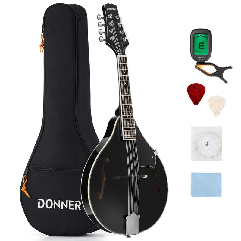 Donner A Style Mandolin Instrument Black Beginner Adult Acoustic Mandolin Musical Instrument Mahogany 8 String, Bundle With Tuner String Bag Guitar Picks, DML-100B - Image 1