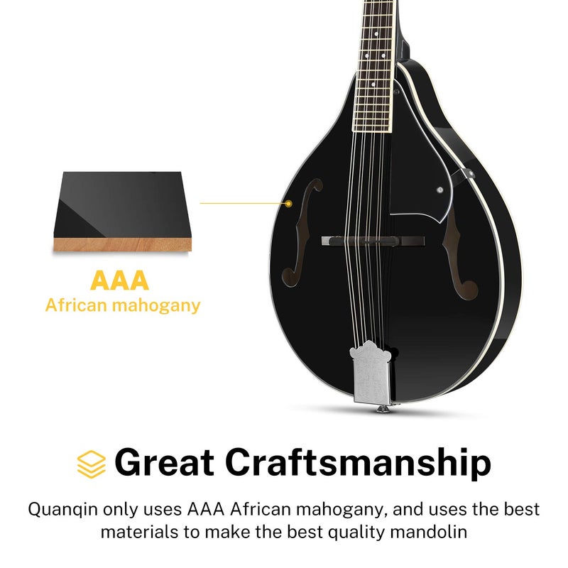 Donner A Style Mandolin Instrument Black Beginner Adult Acoustic Mandolin Musical Instrument Mahogany 8 String, Bundle With Tuner String Bag Guitar Picks, DML-100B - Image 2