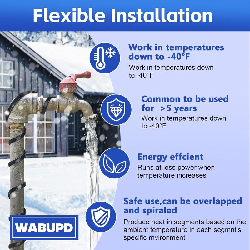 WABUPD 3FT-200FT Heat Tape for Water Pipes, -40°F Deicing Pipe Heat Cable,Electric Heating Cable Pipe,Frezze Protection for Heat Trace Cable for Metal, Plastic Home Pipes,Gutter,120V 5W/ft（50FT） - Image 2