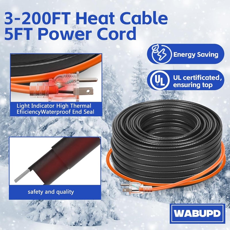 WABUPD 3FT-200FT Heat Tape for Water Pipes, -40°F Deicing Pipe Heat Cable,Electric Heating Cable Pipe,Frezze Protection for Heat Trace Cable for Metal, Plastic Home Pipes,Gutter,120V 5W/ft（50FT） - Image 5