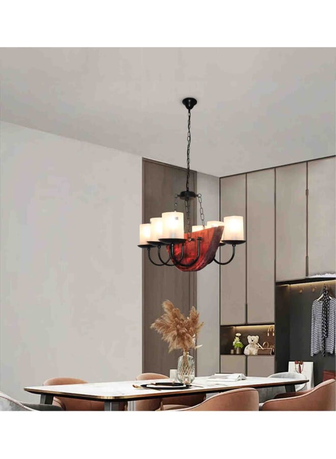 Best Power Rustic 6-Light Chandelier 4396-6 with Wooden Accent – Black Metal Arms & Frosted Glass Shades E27 Bulb Socket Adjustable Hanging Chain for Dining Rooms, Living Rooms, & Entryways - Image 1
