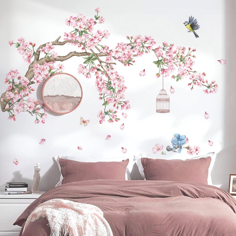 decalmile Cherry Blossom Tree Branch Wall Decals Pink Flower Birds Wall Stickers Bedroom Living Room Sofa TV Background Wall Decor - Image 1